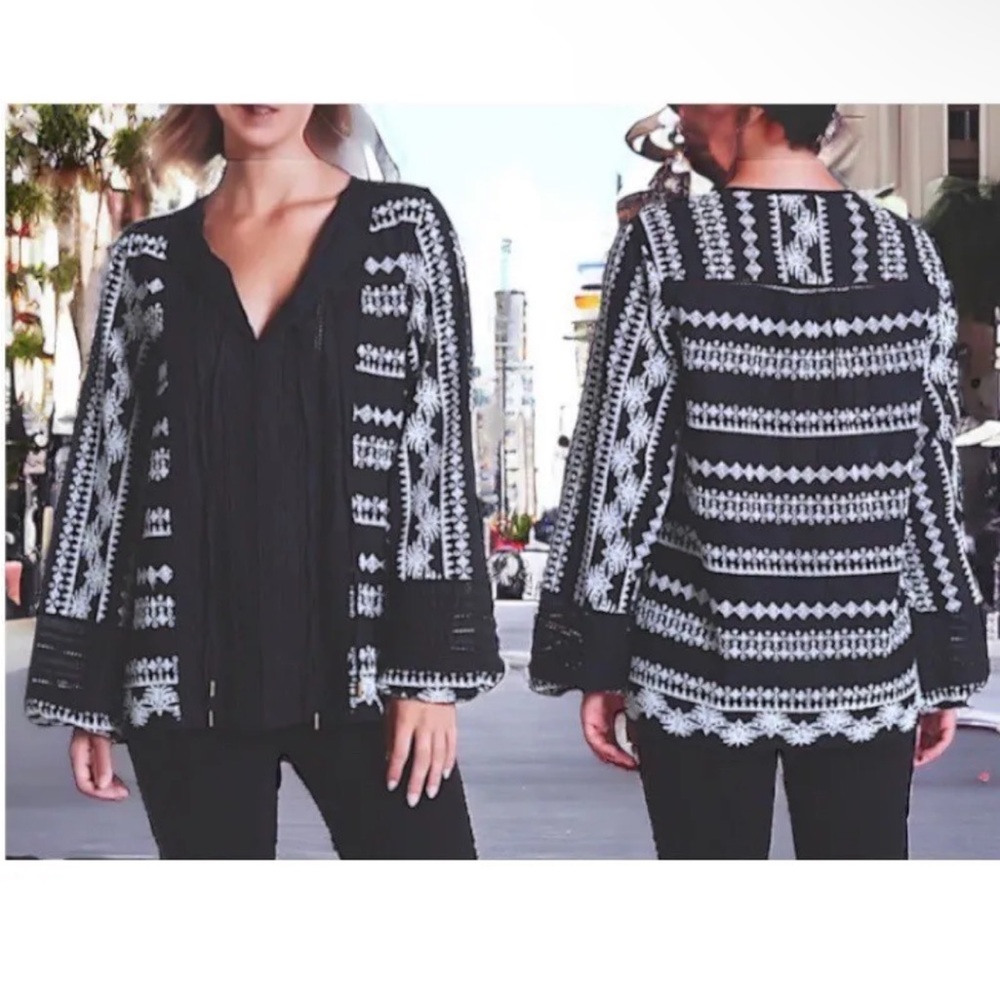 $325 Rachel Zoe Split Neck Embroidered Blouse 0 XXS XS Black + White Cotton NWT